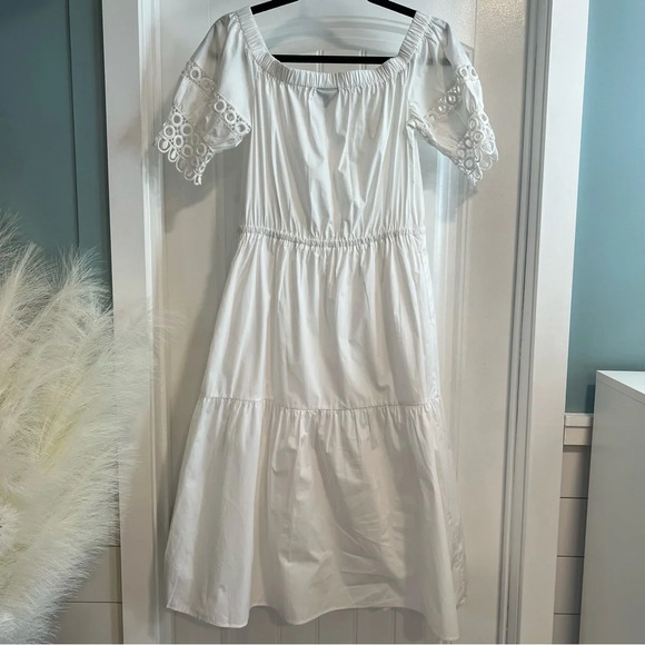Who‎ What Wear White Cotton Tie Waist Dress Puff Short Embellished Sleeves. XS. - Picture 3 of 10